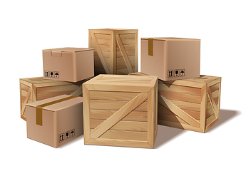 Image showing Pile of stacked goods cardboard and wooden boxes.