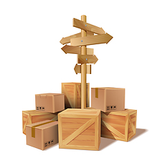 Image showing Pile of stacked goods cardboard and wooden boxes.