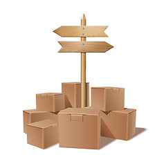 Image showing Pile of stacked sealed goods cardboard boxes.