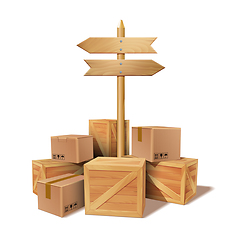 Image showing Pile of stacked goods cardboard and wooden boxes.