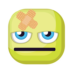 Image showing Bored green square emoji face with bandaid vector illustration o