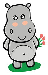 Image showing Smiling grey hippo with pink flowers vector illustration on whit