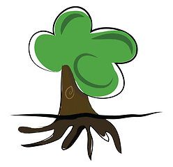 Image showing Clipart of a big tree with green leaves and anchored roots vecto