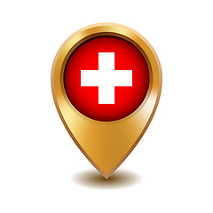 Image showing Golden metal map pointer with Switzerland flag