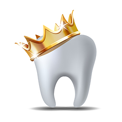 Image showing Realistic white Tooth in golden crown isolated on white