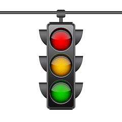 Image showing Hanging traffic lights with all three colors on.