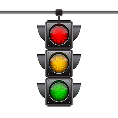 Image showing Hanging traffic lights with all three colors on.