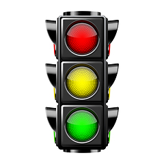 Image showing Traffic lights with all three colors on.