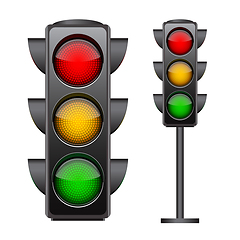 Image showing Traffic lights with all three colors on.