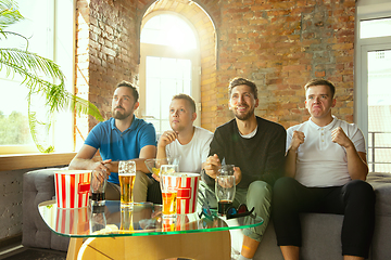 Image showing Group of friends watching football or soccer game on TV at home