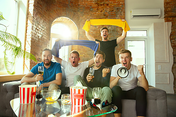 Image showing Group of friends watching football or soccer game on TV at home