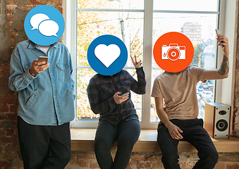 Image showing Creative millenial people connecting and sharing social media. Modern UI icons as heads