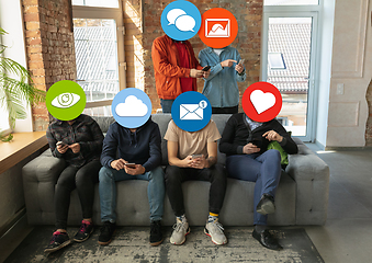 Image showing Creative millenial people connecting and sharing social media. Modern UI icons as heads