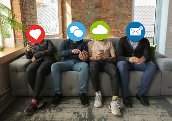Image showing Creative millenial people connecting and sharing social media. Modern UI icons as heads