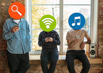 Image showing Creative millenial people connecting and sharing social media. Modern UI icons as heads