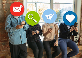 Image showing Creative millenial people connecting and sharing social media. Modern UI icons as heads