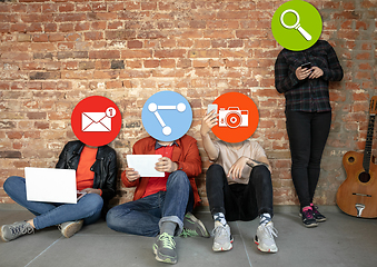 Image showing Creative millenial people connecting and sharing social media. Modern UI icons as heads