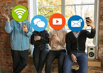 Image showing Creative millenial people connecting and sharing social media. Modern UI icons as heads