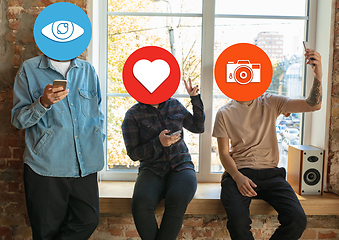 Image showing Creative millenial people connecting and sharing social media. Modern UI icons as heads