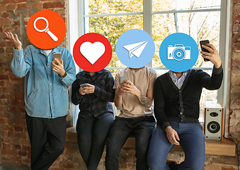 Image showing Creative millenial people connecting and sharing social media. Modern UI icons as heads