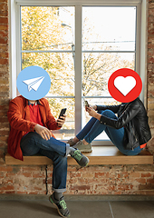 Image showing Creative millenial people connecting and sharing social media. Modern UI icons as heads