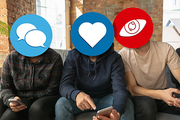 Image showing Creative millenial people connecting and sharing social media. Modern UI icons as heads