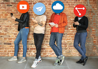 Image showing Creative millenial people connecting and sharing social media. Modern UI icons as heads