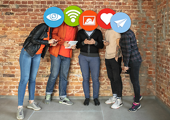 Image showing Creative millenial people connecting and sharing social media. Modern UI icons as heads