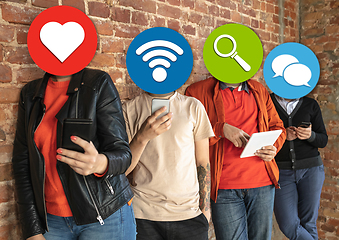 Image showing Creative millenial people connecting and sharing social media. Modern UI icons as heads