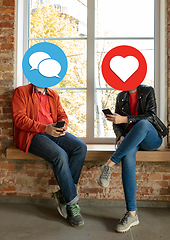 Image showing Creative millenial people connecting and sharing social media. Modern UI icons as heads