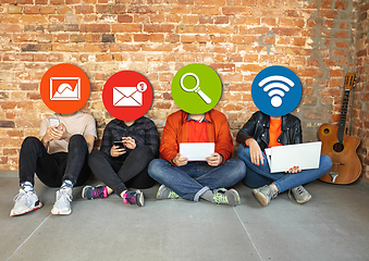 Image showing Creative millenial people connecting and sharing social media. Modern UI icons as heads