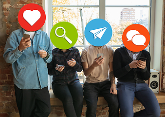 Image showing Creative millenial people connecting and sharing social media. Modern UI icons as heads