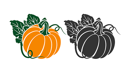 Image showing Pumpkins with leaves, silhouette on white background.