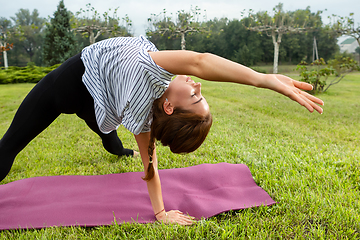 Image showing Young beautiful woman doing yoga exercise in green park. Healthy lifestyle and fitness concept.