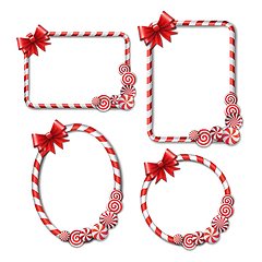 Image showing Set of Frames made of candy cane, with red and white candies and red bow