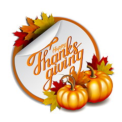 Image showing Thanksgiving banner, Hand drawn Happy Thanksgiving lettering on round promotional stickers