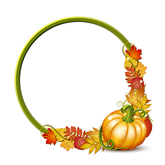 Image showing round frame with orange pumpkins and autumnal maple leaves