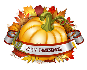 Image showing Thanksgiving banner, ribbon with Happy Thanksgiving lettering and orange pumpkins