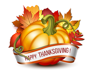 Image showing Thanksgiving banner, ribbon with Happy Thanksgiving lettering and orange pumpkins