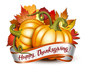 Image showing Thanksgiving banner, ribbon with Happy Thanksgiving lettering and orange pumpkins