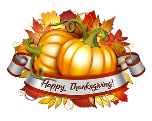 Image showing Thanksgiving banner, ribbon with Happy Thanksgiving lettering and orange pumpkins
