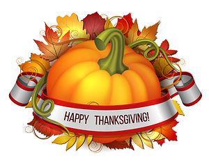 Image showing Thanksgiving banner, ribbon with Happy Thanksgiving lettering and orange pumpkins