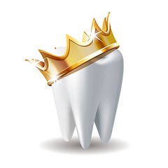 Image showing Realistic white Tooth in golden crown isolated on white