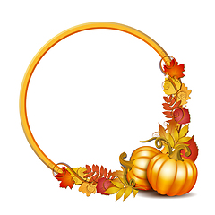 Image showing round frame with orange pumpkins and autumnal maple leaves