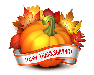 Image showing Thanksgiving banner, ribbon with Happy Thanksgiving lettering and orange pumpkins