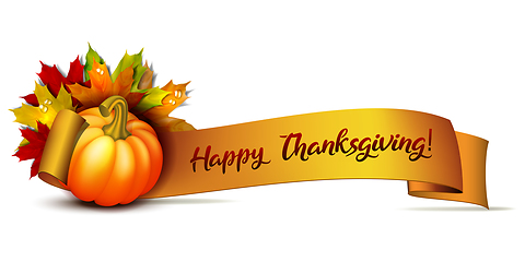 Image showing Thanksgiving banner, ribbon with Happy Thanksgiving lettering and orange pumpkins