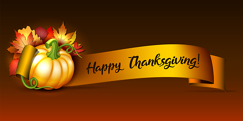 Image showing Thanksgiving banner, ribbon with Happy Thanksgiving lettering and orange pumpkins