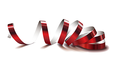 Image showing Festive red ribbon on white background. Realistic vector streamers.