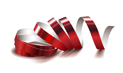 Image showing Festive red ribbon on white background. Realistic vector streamers.