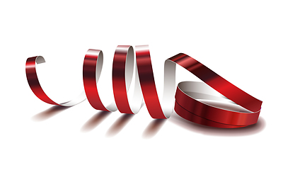 Image showing Festive red ribbon on white background. Realistic vector streamers.